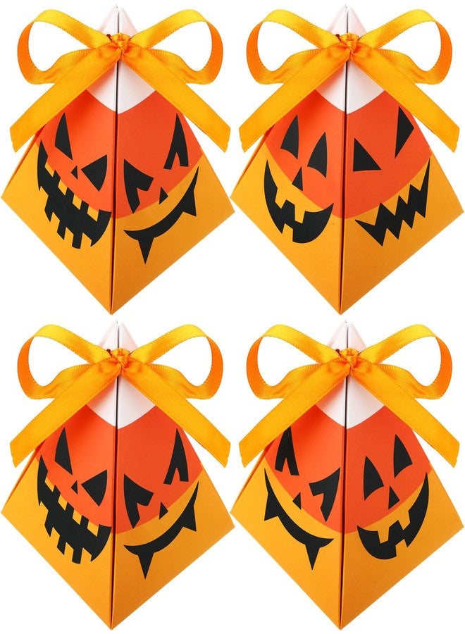 Feifeiya 24 Pcs Halloween Treat Boxes Candy Box Pumpkin Gift Boxes Cookies Candy Corn Triangle Sweet Gift Container with Ribbon Trick or Treat Goodie Decor for Halloween Party Supplies - Image 1